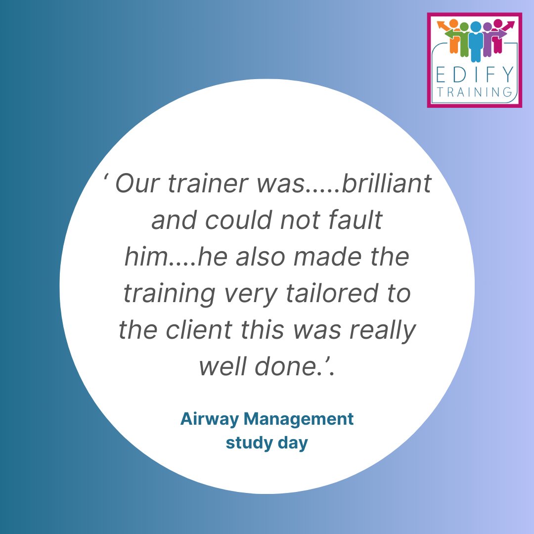 A great testimonial for our Airway Management Study Day. 

We can create a bespoke training plan for you so talk to us about your training needs!

Our sales team number is 01622 766078 or you can email us at info@edify-consultancy.co.uk