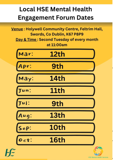 HSECHODNCC's tweet photo. If you or someone you know has experienced our mental health   service, we encourage you to join your Local Mental Health Engagement Forum. It is a safe space and opportunity for people to voice their experiences to   improve the service for all.
Details for Swords: https://t.co/kfwU1PrMAz