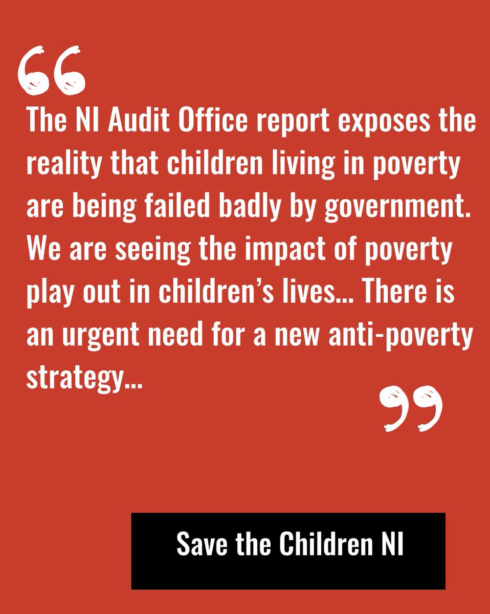 Children living in poverty desperately need Stormont to act on warnings in a new NI Audit Office report. It finds that the expired child poverty strategy set no clear targets for poverty reduction, had no ring-fenced budget &amp; had a lack of focus on early intervention.