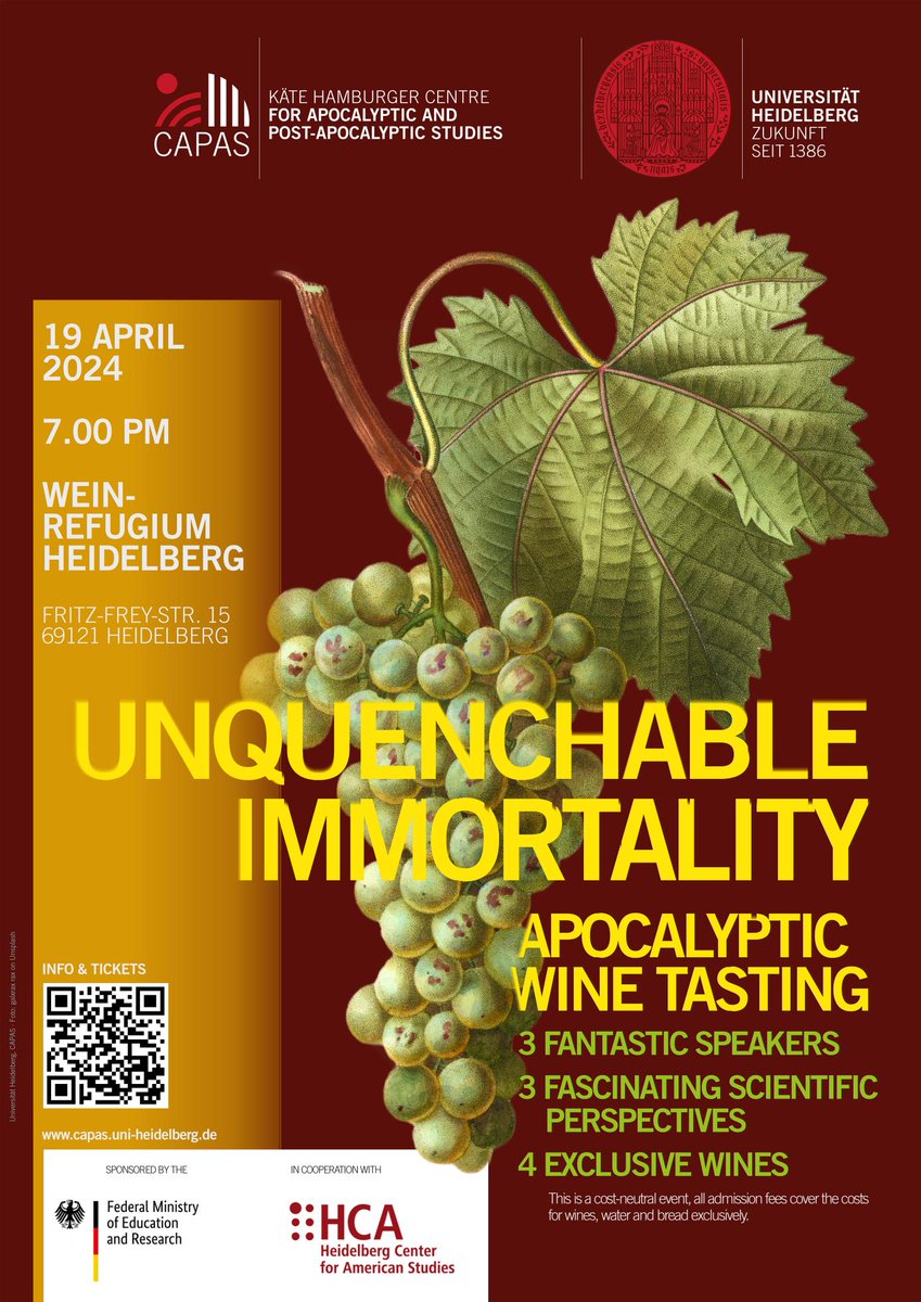 Join us for another Apocalyptic Wine Tasting 'Unquenchable Immortality' at Wein Refugium Heidelberg on 19 April 2024 🍷 Speakers are Michael Dunn, @RauscherNatalie and @SturmTristan (moderation: @schroep) Wines, infos and tickets ➡️ capas.uni-heidelberg.de/en/apocalyptic…