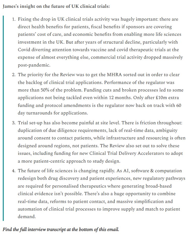 loved speaking to <a href="/jamesosh/">James O'Shaughnessy</a> for this month's <a href="/formventureshq/">Form Ventures</a> newsletter about his work to fix UK clinical trials (inc. the regulator, <a href="/MHRAgovuk/">MHRAgovuk</a>)

as AI, computation &amp; software transform life sciences, this structural reform becomes all the more important: formventures.substack.com/p/fixing-clini…