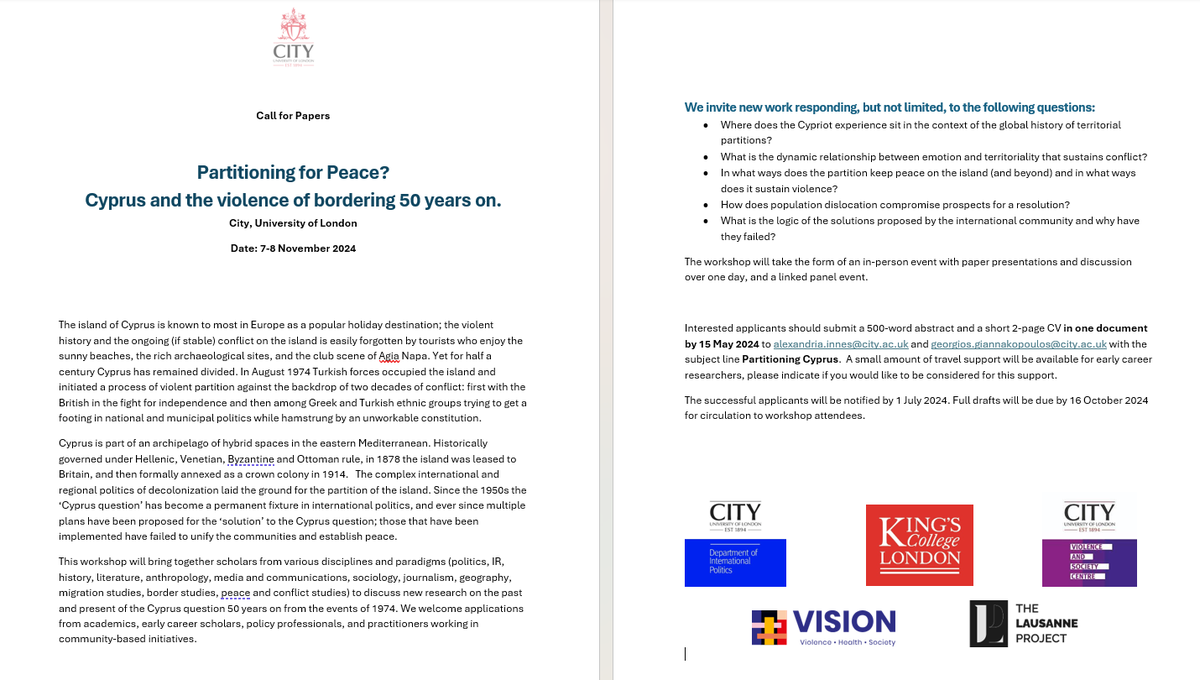 📢📢📢CFP: Partitioning for Peace? #Cyprus and the violence of bordering 50 years on. Join us! @_ENMISA @IntlEthics_ISA @ethicsBISA @BisaCpd @MYBISA @VISION_UKPRP @Cityintpolitics