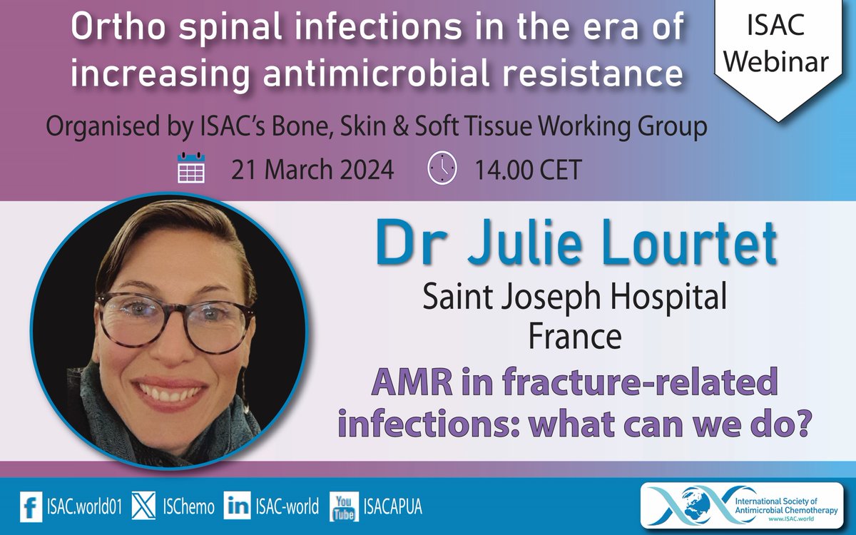 🌟ISAC Webinar | Speaker announcement 🌟 Ortho spinal infections in the era of increasing antimicrobial resistance 📆21 March ⏰14.00 CET Dr Julie Lourtet is a Clinical Microbiologist at Saint Joseph Hospital, Paris, France Register now ⬇️ us02web.zoom.us/webinar/regist… #IDXposts