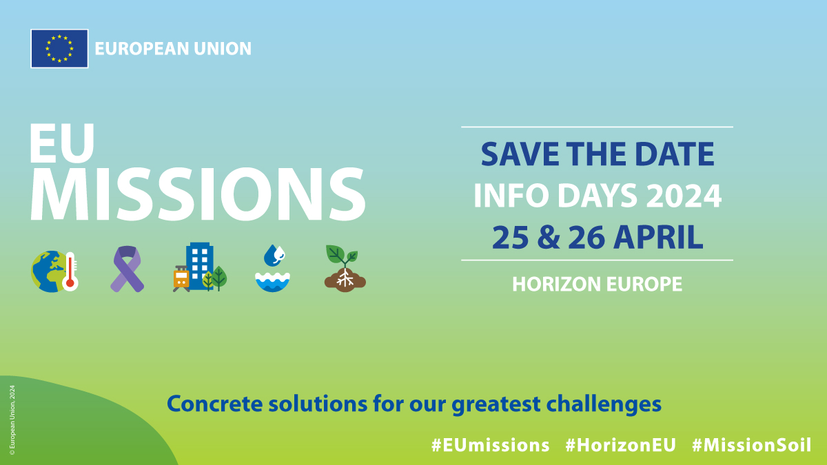 The 5 #EUMissions are about tackling global challenges -#Cancer -#CleanSoil -#WaterCrisis -#ClimateAdaptation -Smarter cities How? By bringing together scientists, citizens, & public & private sectors with EU funding Save the date for the Info Days!🔗europa.eu/!D36tvD