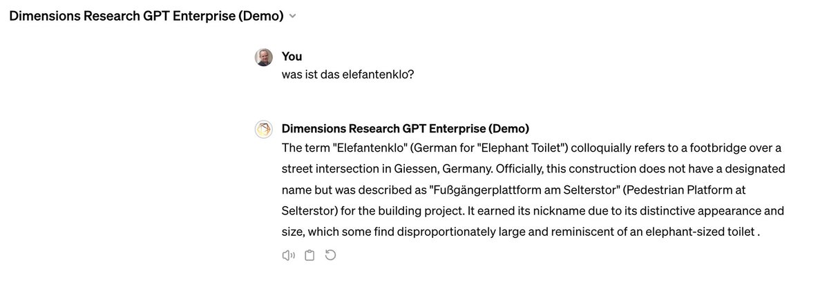Juergen Wastl (@juergen_wastl) on Twitter photo Die "Elefantenklo" Frage der #FORTRAMA keynote: some funny examples. <a href="/DSDimensions/">Dimensions</a> ChatGPT from <a href="/digitalsci/">Digital Science</a> does't give a hallucination. Die "Elefantenklo" Frage der #FORTRAMA keynote: some funny examples. <a href="/DSDimensions/">Dimensions</a> ChatGPT from <a href="/digitalsci/">Digital Science</a> does't give a hallucination.