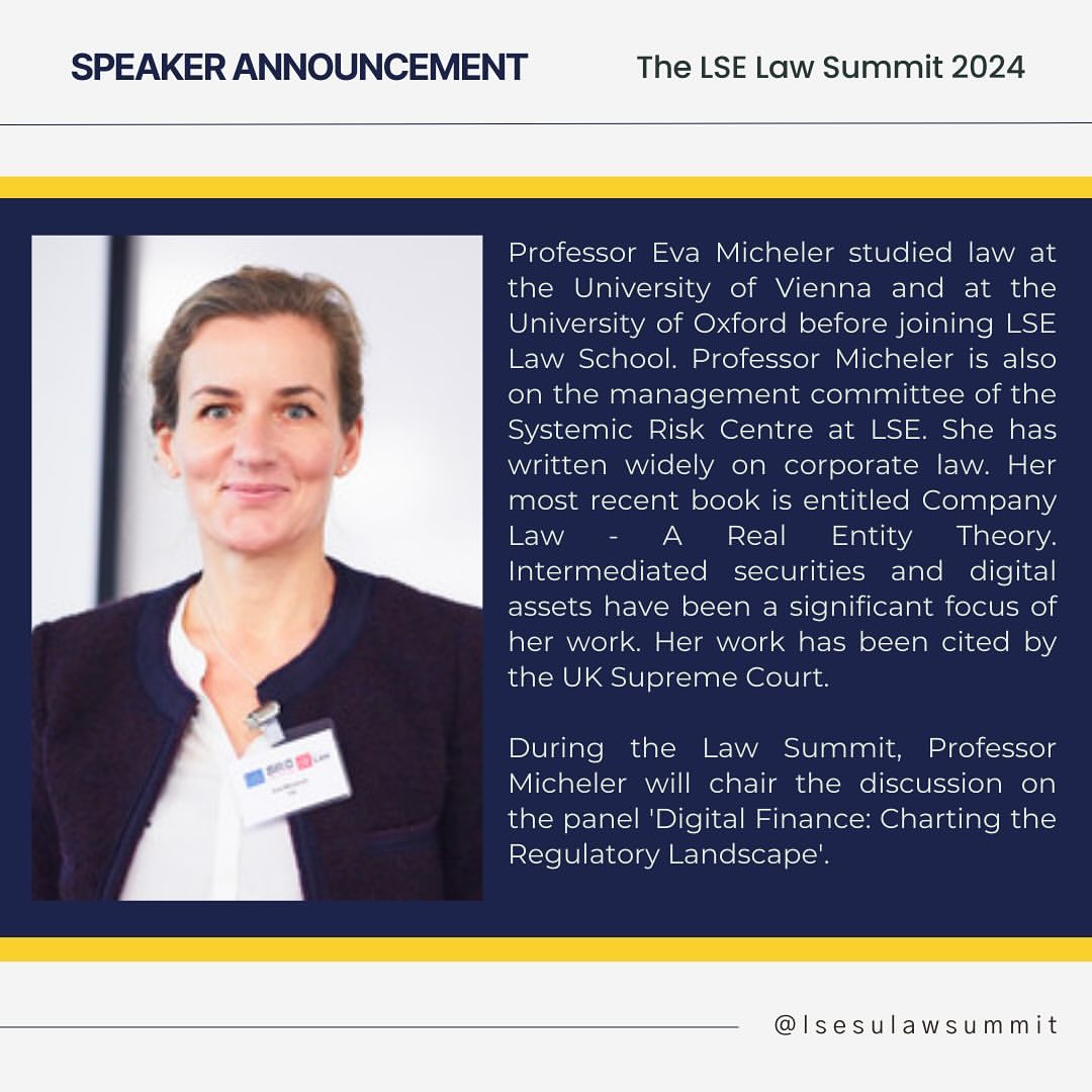We’re honoured to reveal that @EMicheler will lead the discussion on the panel ‘Digital Finance: Charting the Regulatory Landscape’ at the upcoming LSE Law Summit! 🌐

Get your tickets here: law-summit.gridaly.com 

#LSElaw #LSElawsummit