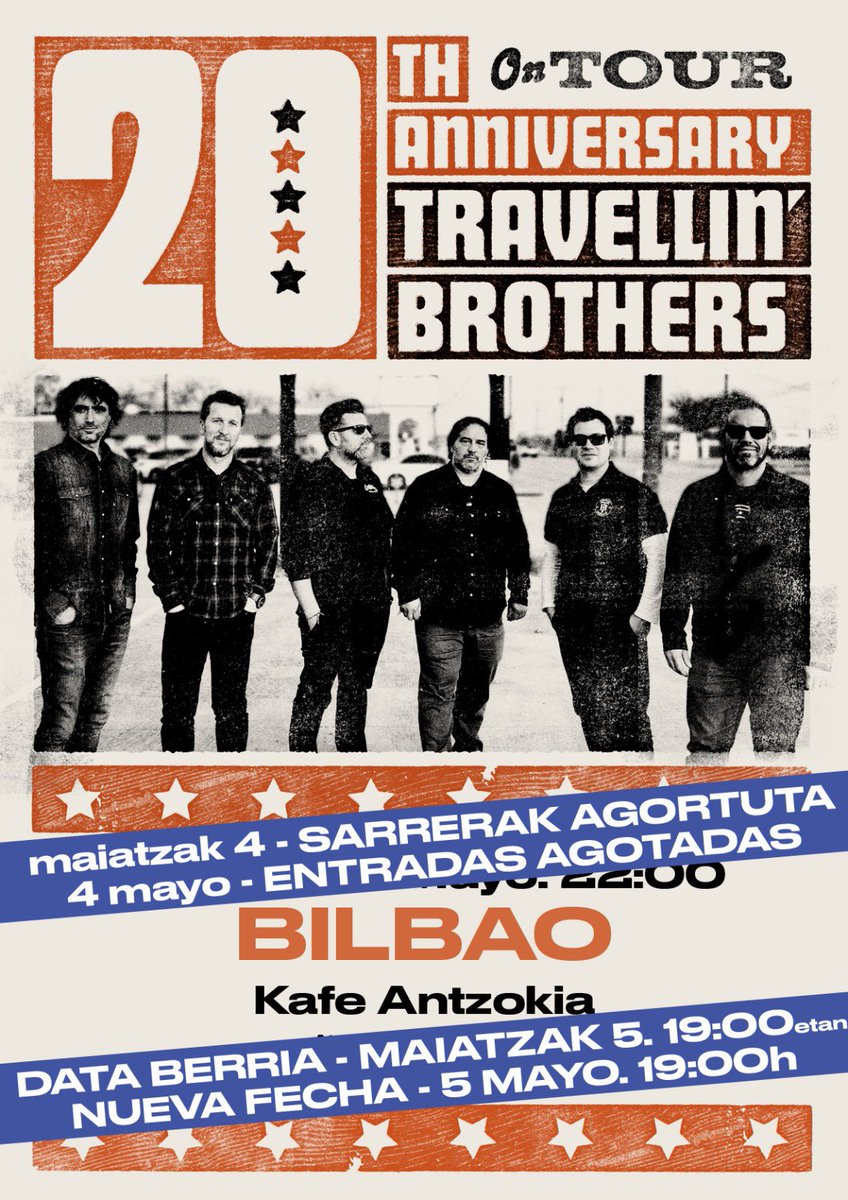 🙏 Nueva fecha en <a href="/kafeantzokia/">Kafe Antzokia</a> 

🗓️ Tras agotar entradas para el concierto del 4 de mayo, abrimos nueva fecha el día 5 a las 19:00. Ya están disponibles las entradas 👉 sarrerak.kafeantzokia.eus/web/?menu=138&…
🧡 ¡¡No podemos estar más agradecidos!!
#travellinbrothers #20anniversarytour #soldout
