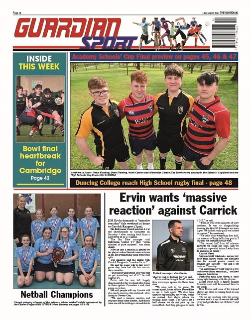 BmenaGuardian's tweet photo. This week's Ballymena Guardian is out today with a bumper Easter 'Out &amp; About' Special.

NEWS: Petrol bomb attack; Vacant buildings causing concern.
SPORT: Dunclug College reach High School rugby final; Bowl final heartbreak for Cambridge. https://t.co/y2xrr30yNT