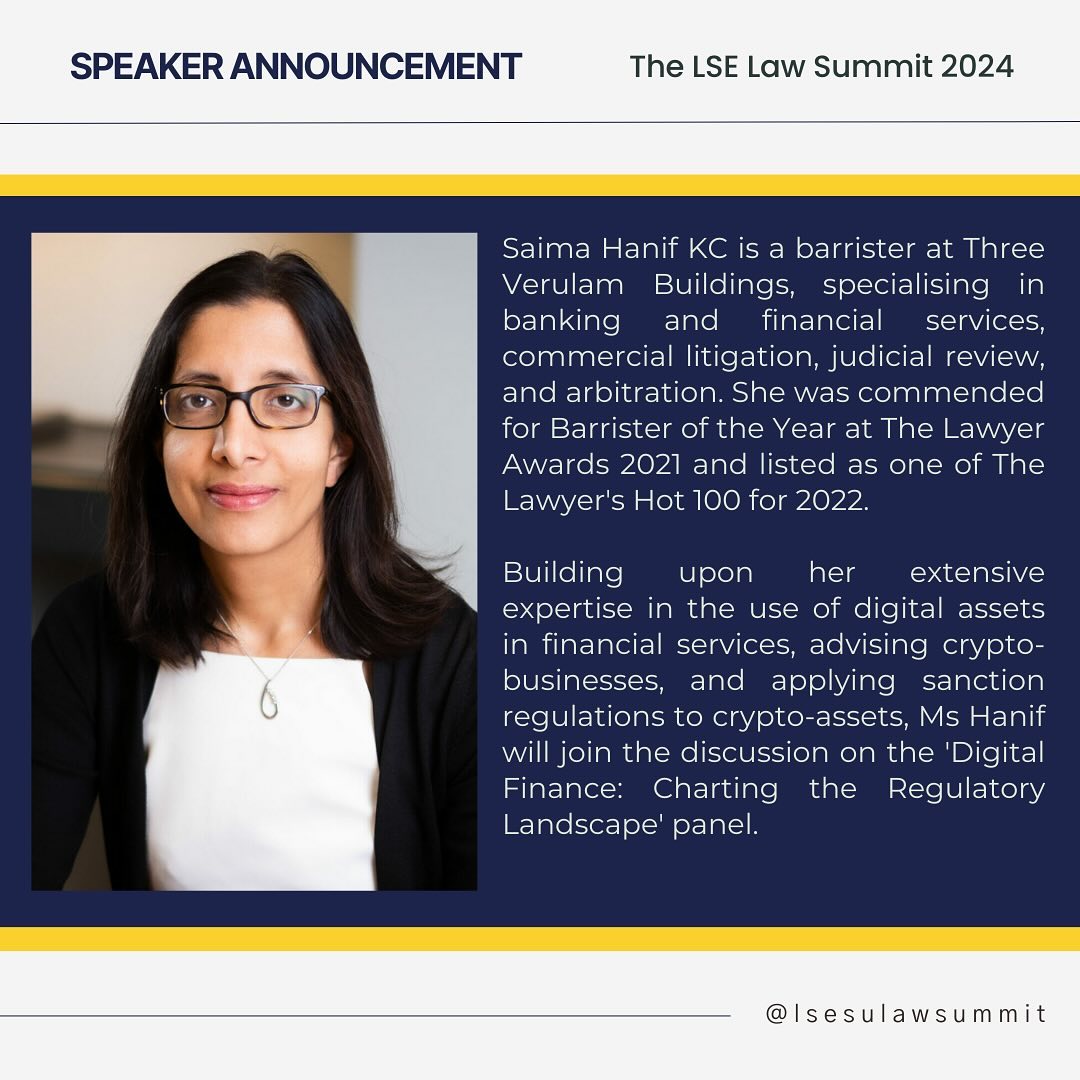 We’re pleased to announce that Saima Hanif KC will bring her unparalleled expertise to the discussion on the ‘Digital Finance: Charting the Regulatory Landscape’ panel at the upcoming LSE Law Summit! 💼

Get your tickets here: law-summit.gridaly.com
