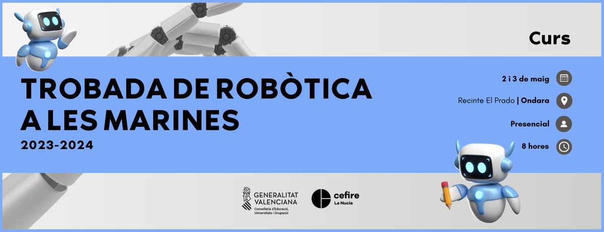 🔊Obert termini d'inscripció del curs  "Trobada de robòtica a les marines" fins el  21 d'abril     
📆2 i 3 de maig     
🏘️Presencial
🕰️8 hores
👩‍🦱👨‍🦱60 participants    
➕ℹ️👉cefire.edu.gva.es/sfp/index.php?…

#cefirecompetenciadigitaldocente