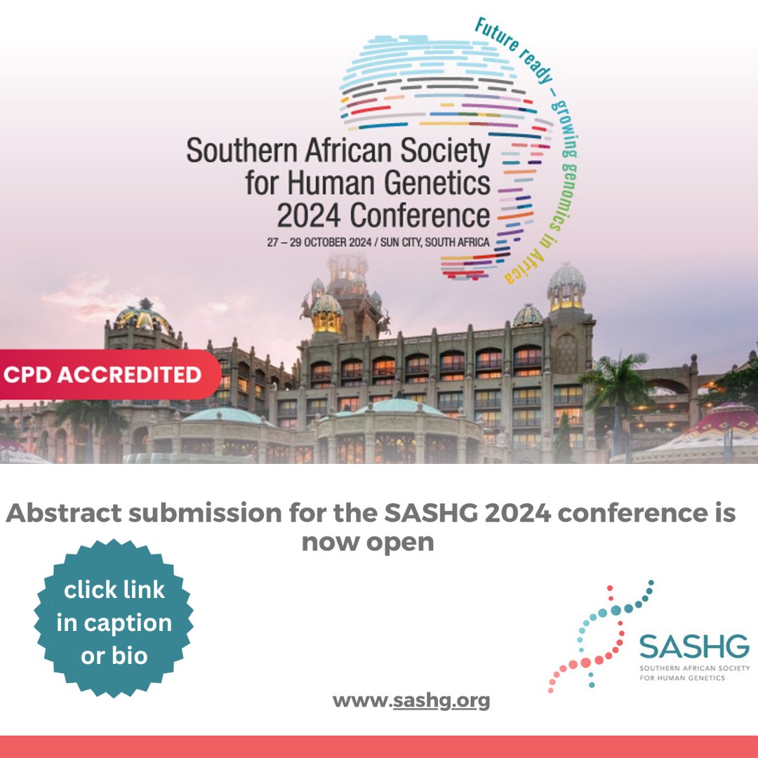 Abstract submission for the SASHG 2024 Conference is now open!! Join us this year as we get 'Future ready: growing genomics in Africa'. Click the link in the bio or below to submit your abstract: scatterlings.eventsair.com/sashg2024/abst… #sashg2024 #sashgcongress2024 #genetics #genomics