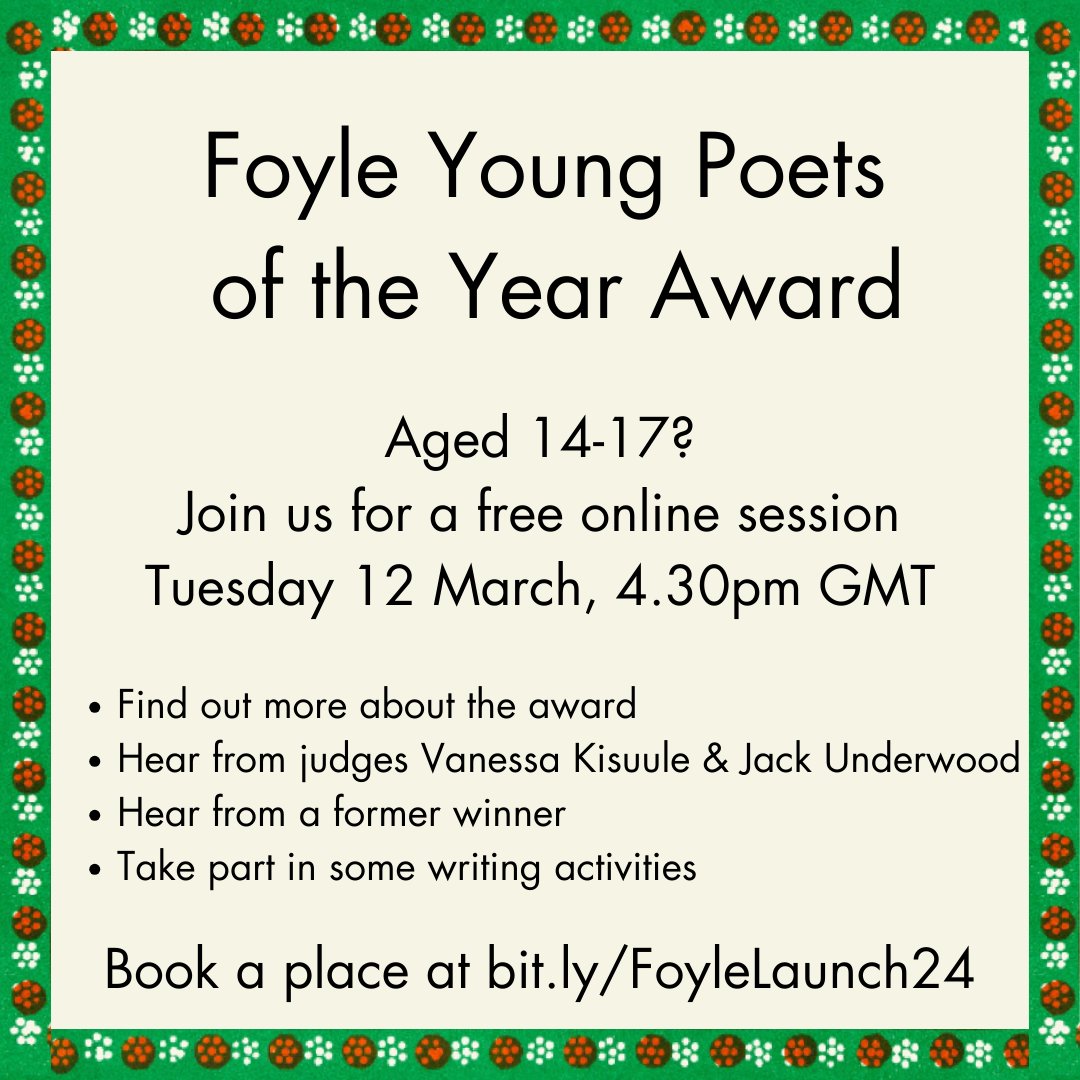 Last chance to book for today's online launch of the #foyleyoungpoets award!

If  you're aged 14-17, join us for this free Zoom session. We'll tell you about the award, hear from the judges & a former winner, and do some writing.

Book your place at bit.ly/FoyleLaunch24