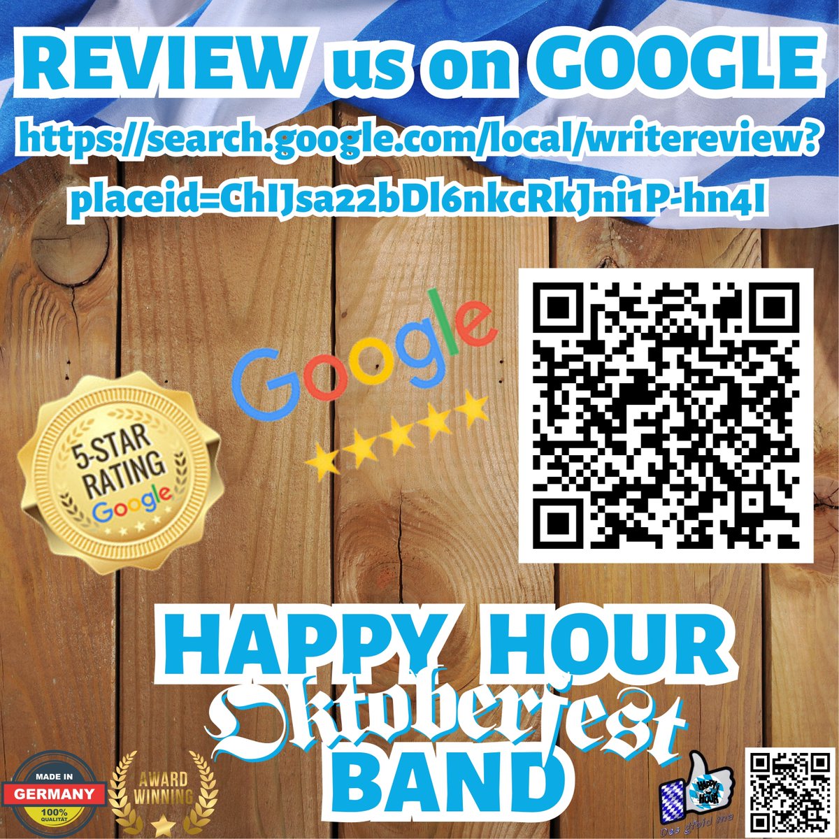 PLEASE rate us on GOOGLE! If you ever had a great Oktoberfest Party with us - please review us on Google at: search.google.com/local/writerev… or simply scan the QR Code! THANK YOU VERY MUCH! happy-hour-oktoberfestband.de