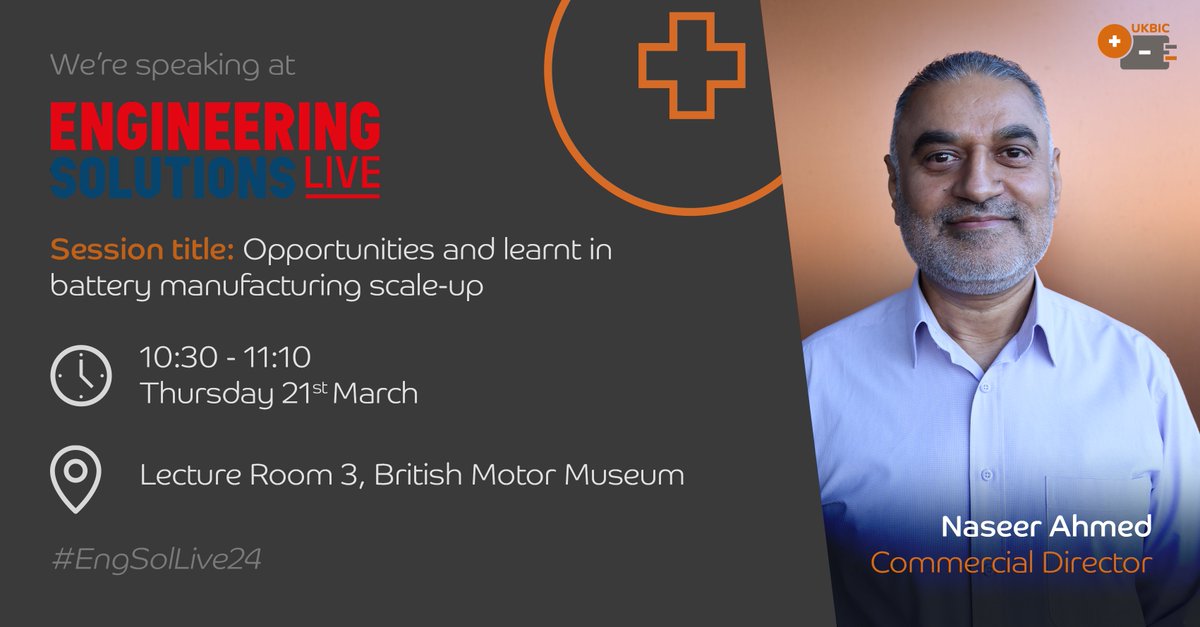 We're speaking at Engineering Solutions Live 🙋‍♂️ Hear from our Commercial Director, Naseer Ahmed, on what lessons we have learnt at UKBIC about battery manufacturing scale-up. 🕥 10:30 - 11:10 📍Lecture Room 3 See you there! #batteries #manufacturing #scaleup