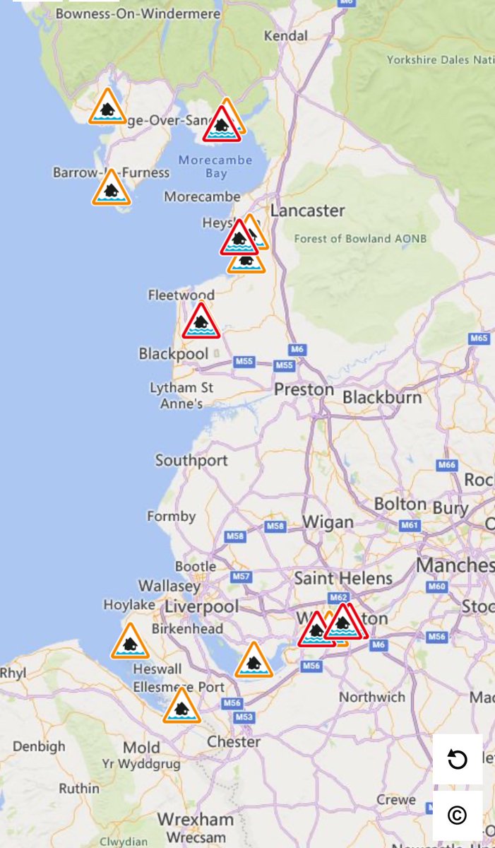 A number of flood alerts and warnings remain in place along the North West coast with high tides expected again today. Avoid coastal and low lying footpaths and do not attempt to walk or drive through flood water. Sign up for flood alerts in your area: check-for-flooding.service.gov.uk/alerts-and-war…