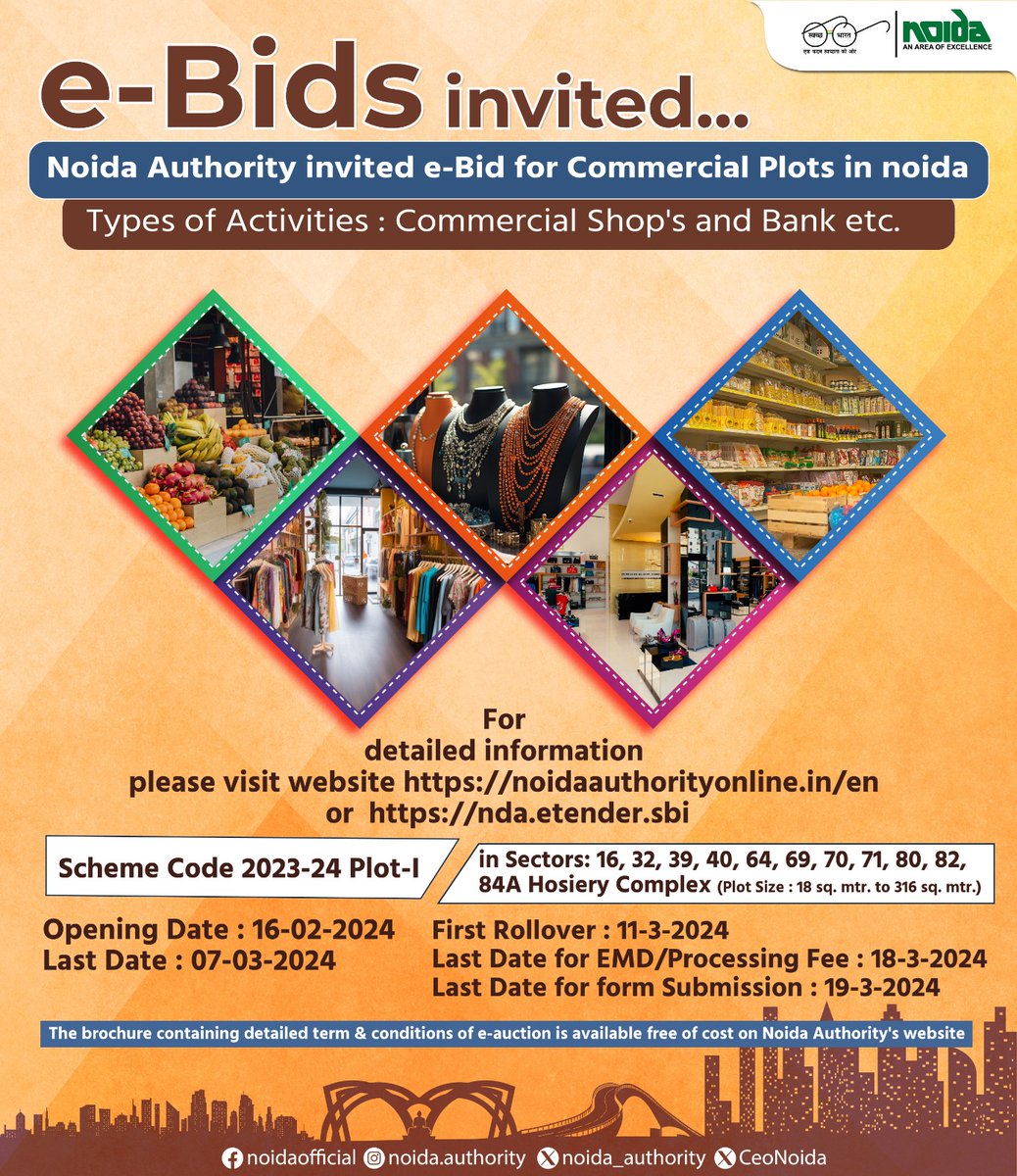 CeoNoida's tweet image. Noida Authority invites e-Bids for the first Rollover of Commercial Plots in Noida. Activities include Commercial Shops and Banks, etc. Visit the website for details: noidaauthorityonline.in/en or nda.etender.sbi.

#NoidaAuthority
#CommercialPlots