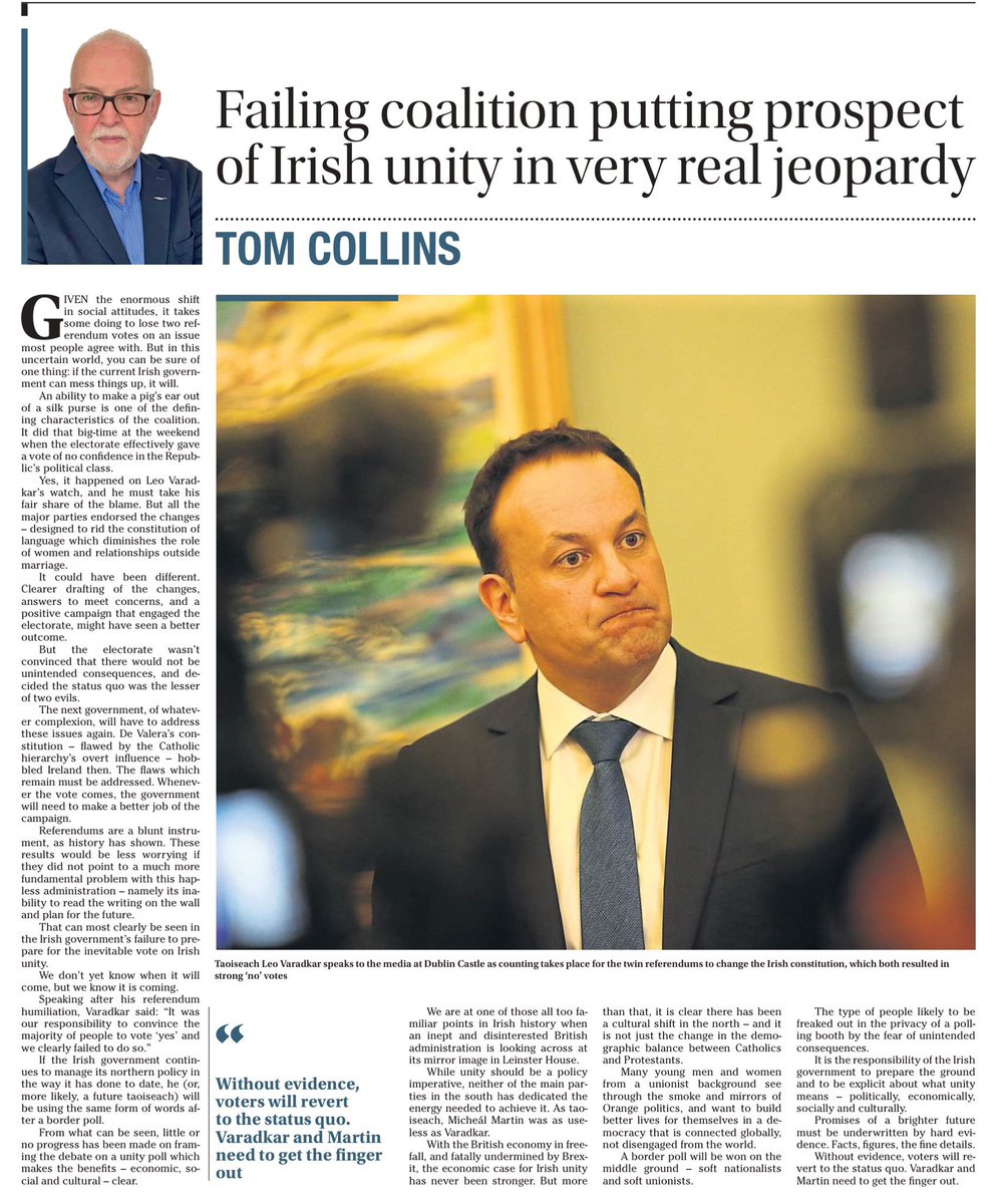 'Failing coalition putting prospect of #Irishunity in jeopardy …hapless handling of the constitutional referenda is mirrored by its failure to prepare for an inevitable #borderpoll… Varadkar and Martin need to get the finger out” #Referendum24 irishnews.com/opinion/failin…