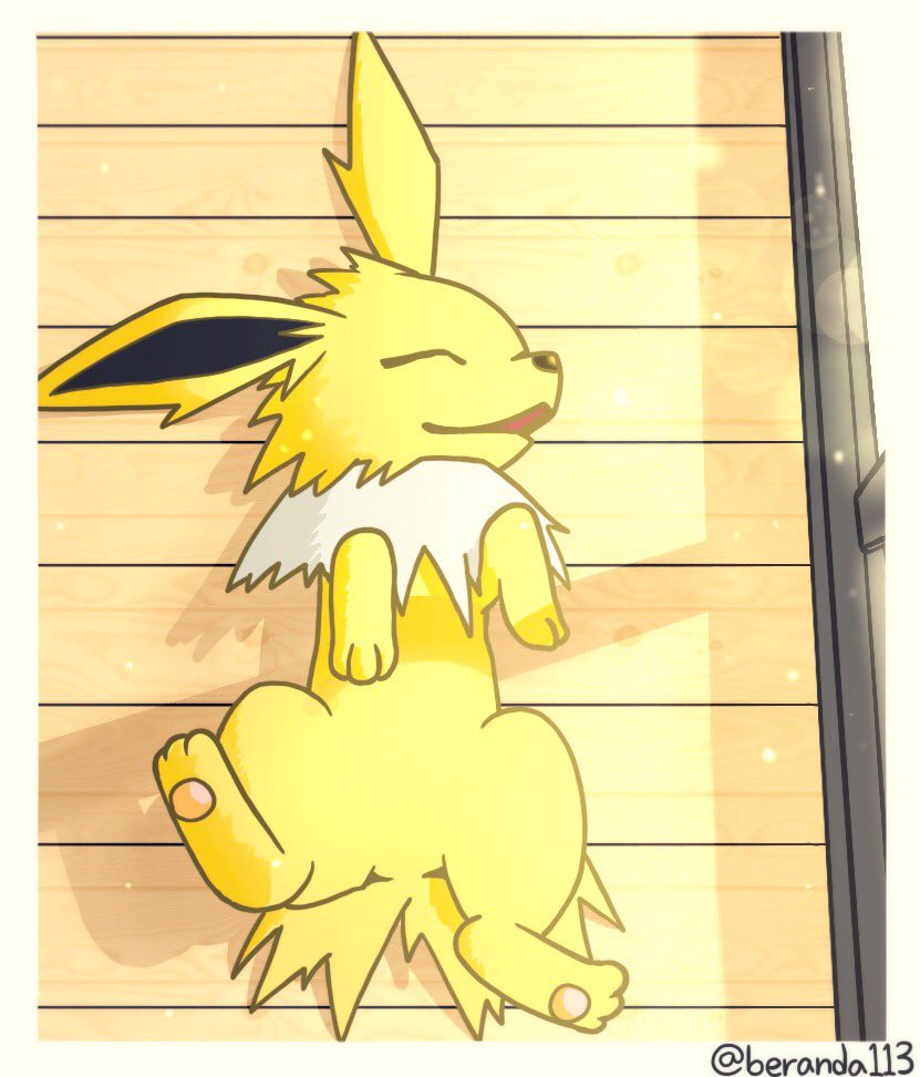 jolteon pokemon (creature) no humans closed eyes lying wooden floor solo on back  illustration images