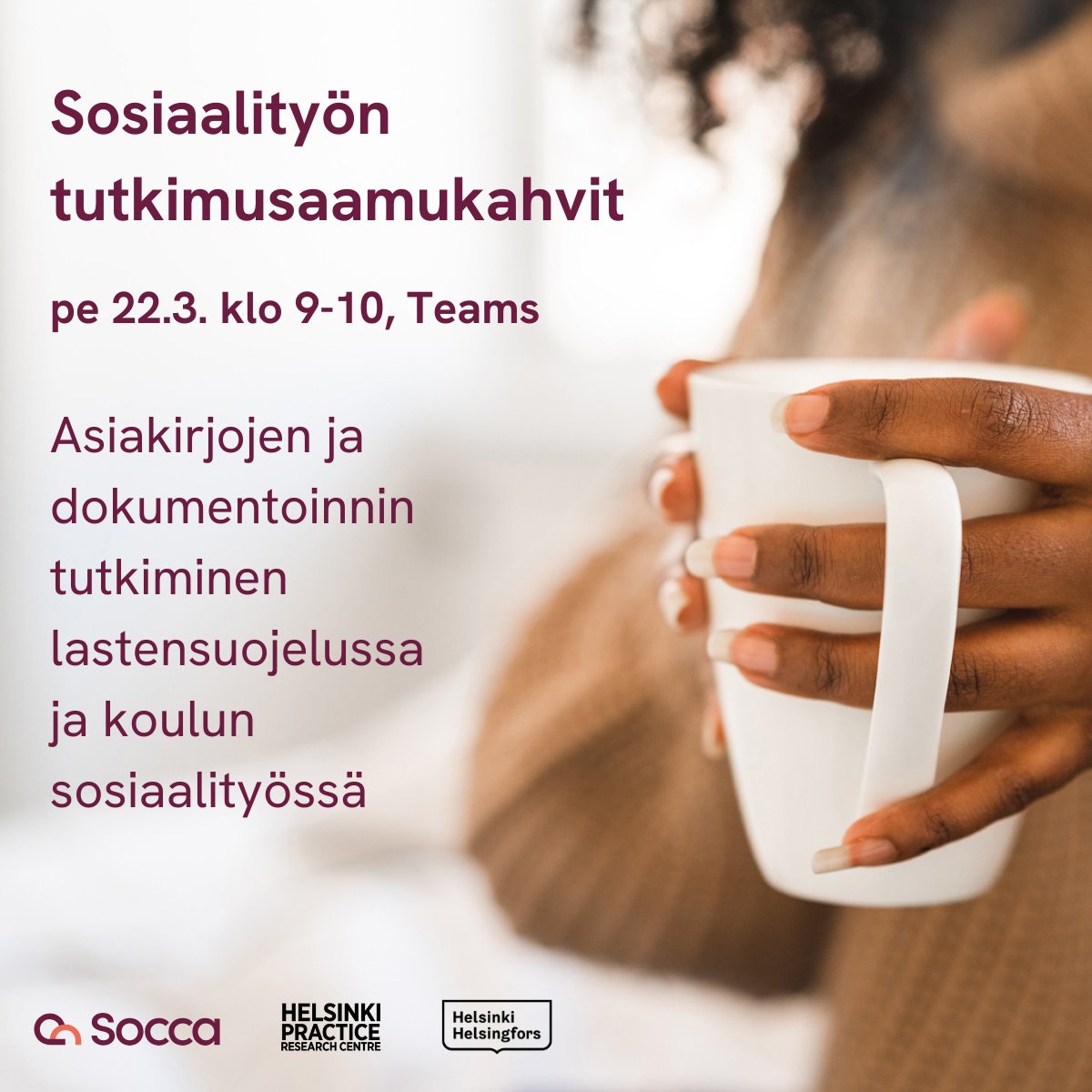 ☕️Sosiaalityön tutkimusaamukahvit jatkuvat pe 22.3.!

Teemana on asiakirjojen ja dokumentoinnin tutkiminen lastensuojelussa ja koulun sosiaalityössä. Alustuksen pitävät ASTULA-hankkeen tutkijat Noora Mäkinen ja Raija Kuronen.

socca.fi/tapahtumat?e=3…

#sosiaalityö #tutkimus