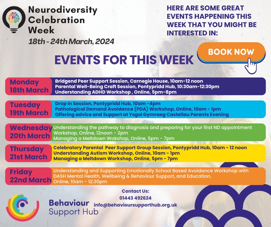 We are pleased to announce our events for @NCWeek During the week we will be hosting a variety of sessions for parents and carers. To book please state in the comments which sessions you would like to book behavioursupporthub.org.uk/referral-form/ #NeurodiversityCelebrationWeek