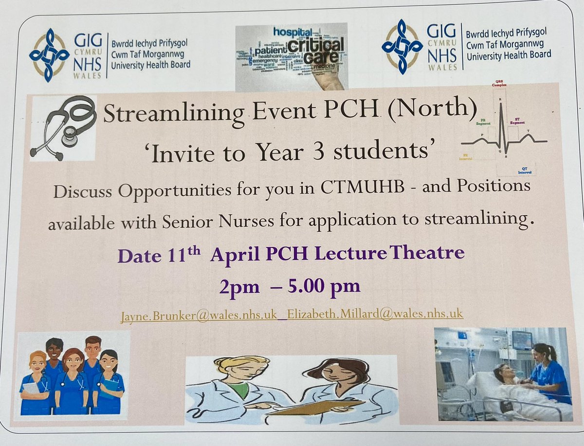 All year 3 students attending the careers event North CTMUHB (PCH), please note change of date/time. Sorry for any inconvenience.
Looking forward to seeing you! <a href="/CwmtafNursEd/">Cwm Taf Morgannwg Nurse Education</a>  <a href="/USWHealthcare/">USW Healthcare</a> @USWNurSoc <a href="/usw_flse/">USW Life Sciences & Education</a>