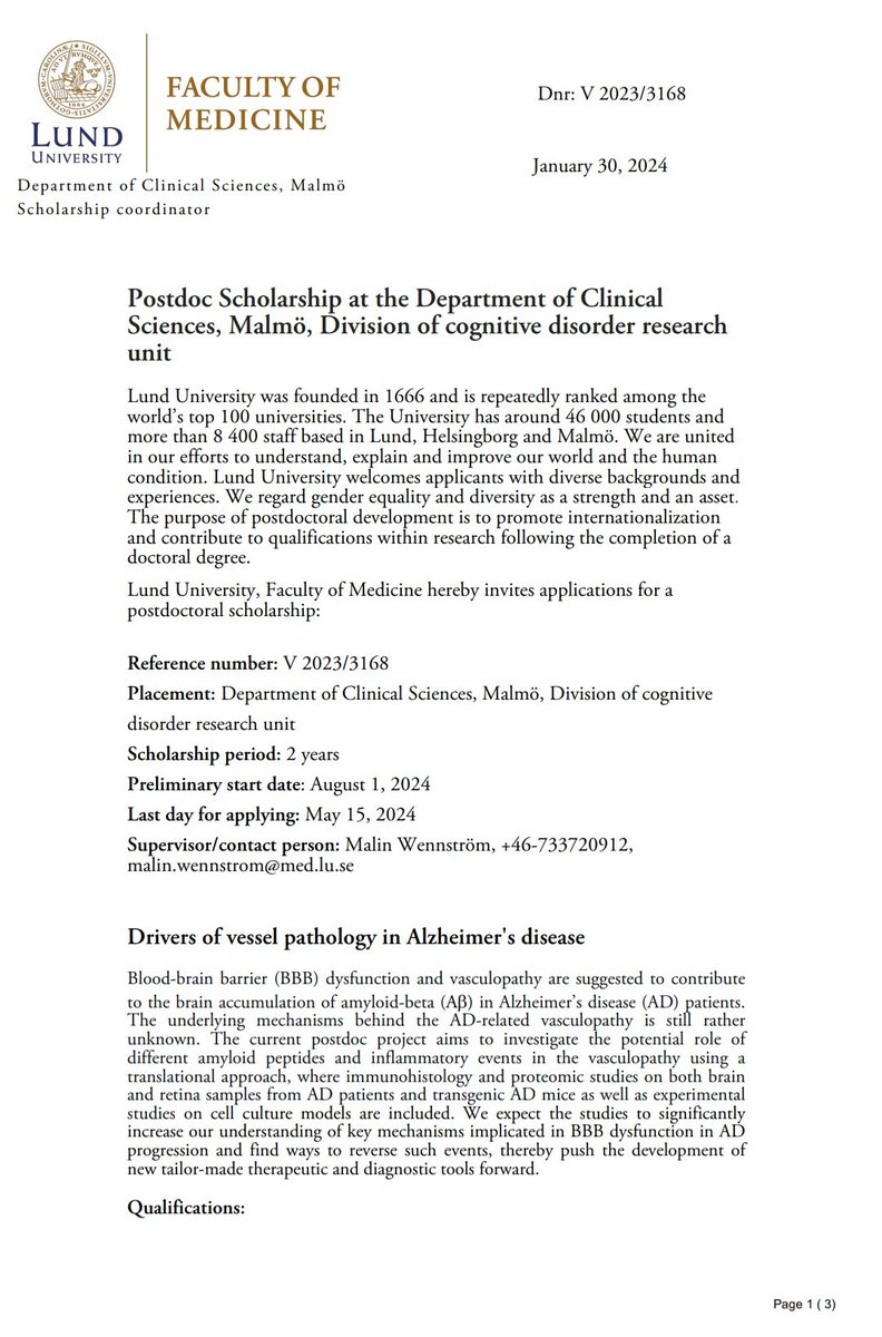 Are you looking for a postdoc scholarship and are interested in working with the blood brain barrier and Alzheimer's disease? Look no more 👉 read more about the position: intramed.lu.se/sites/intramed…

#bbb #Alzheimers #amyloid