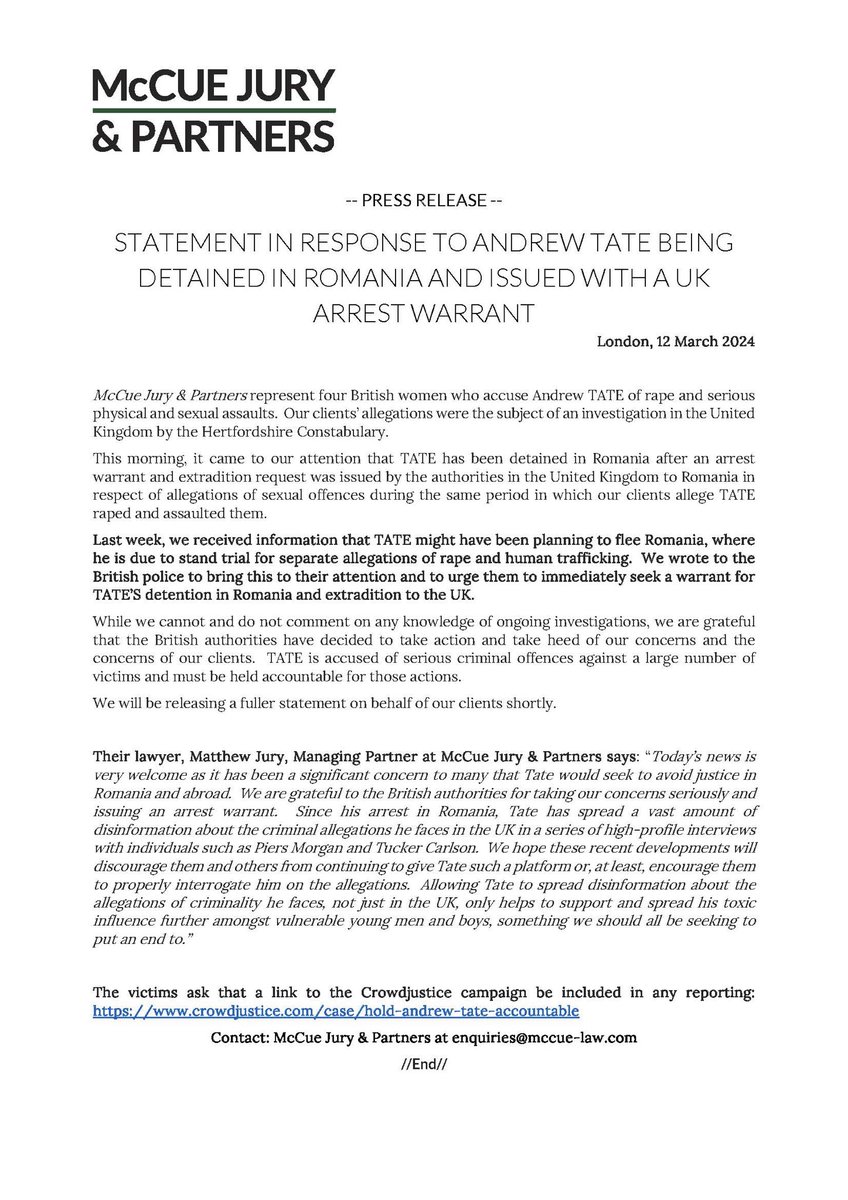 Our press release in response to the detention of Andrew Tate following an extradition request by UK authorities We received information that TATE was planning to flee Romania, We wrote to British police to urge them to seek a warrant for TATE’S extradition They listened