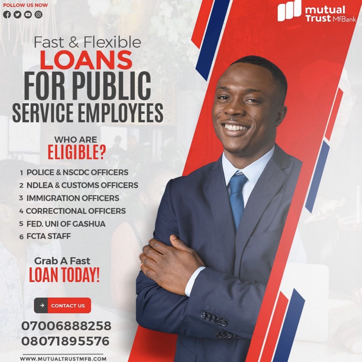 MutualTrustMfb's tweet photo. We have various loan options available to suit your specific needs. 

Call: 07006888258 or WhatsApp: 08171895576 to get started on the best option for you.

#loan #quickloan #ippisloans #smeloan #mtplus #solarloan #mtgreen #loaninnigeria #fastloans #mutualtrustmfbank https://t.co/xq1158LqZH