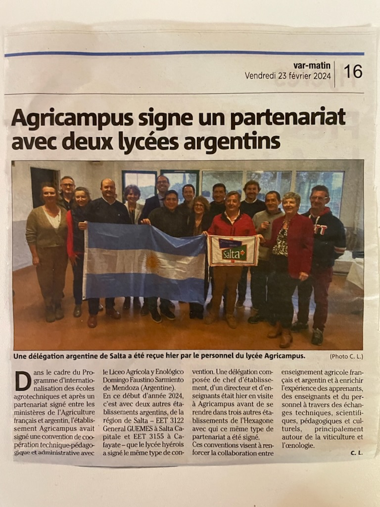 Une convention de coopération technique et pédagogique vient d'être signée entre deux lycées de Salta et l'EPLEFPA Agricampus Var. Une belle opportunité pour enrichir les échanges entre nos deux pays dans les domaines de l’agriculture et de l’environnement. 

#education