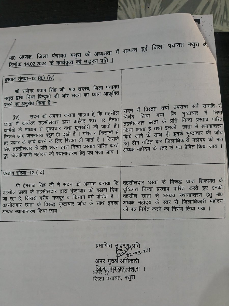 RPSINGHBJPMTR's tweet photo. जनपद मथुरा के तहसीलदार छाता के विरुद्ध हुआ निंदा प्रस्ताव स्वीकार जिला पंचायत बैठक में , कृपया आवश्यक कार्यवाही करने की कृपा करें। @dmmathura7512

@UPGovt
@myogiadityanath
@InfoDeptUP 
@CMOfficeUP https://t.co/00iQahG1Ef