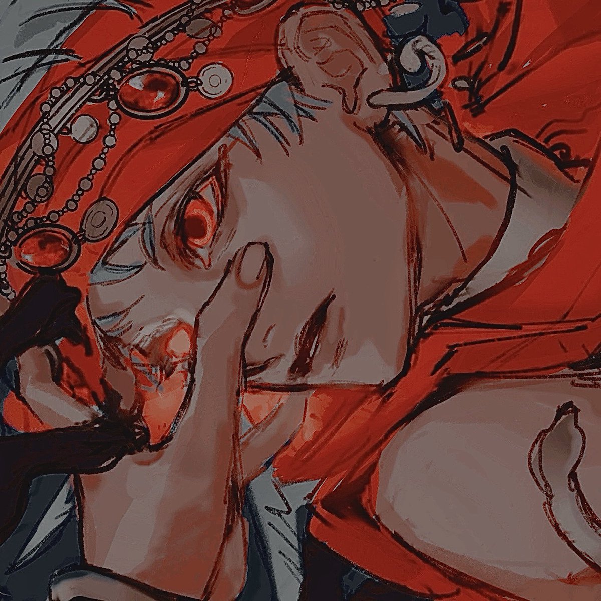 1boy male focus red eyes solo headband looking at viewer jewelry  illustration images