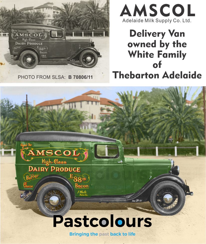 1930's Adelaide Milk company delivery vehicle.
Colourised by yours truly. Would you like your old photos brought back to life ?
I'd be pleased to assist with your project.
#Amscol #restoredphoto #colorizedphoto #photorestoration #pastcolours #fixoldphotos #damagedphoto