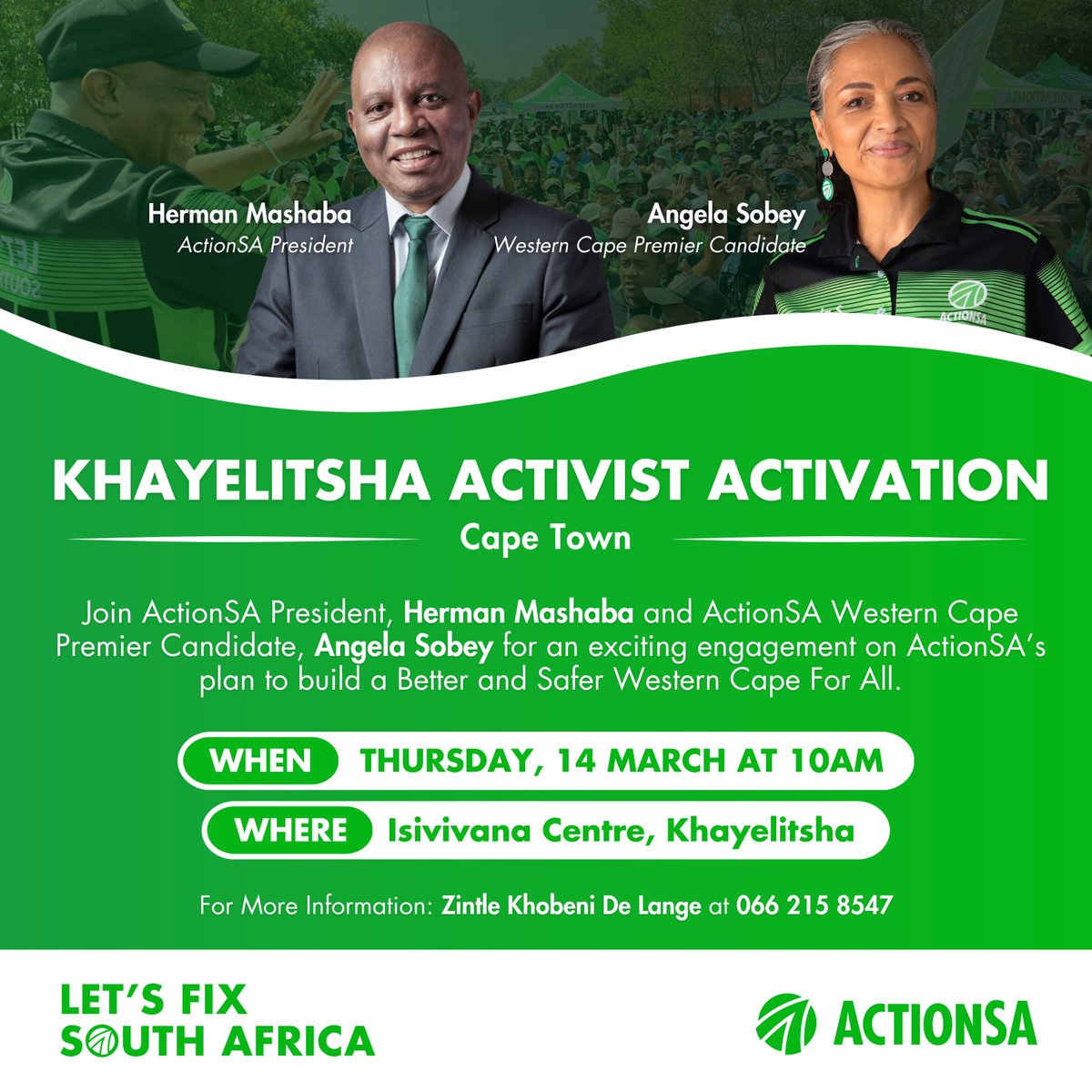 Khayelitsha, Are You Ready? 🚀

Join President <a href="/HermanMashaba/">Herman Mashaba</a> and @Angela4Premier for an Activist Activation in Khayelitsha at the Isivivana Centre. 

#LetsFixSouthAfrica 🇿🇦