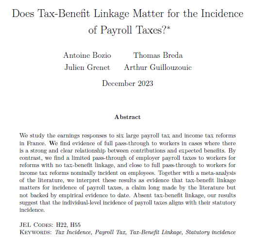 #PSEworkingpapers
@PSEinfo @IPPinfo Antoine Bozio (@EHESS_fr) , Thomas Breda (@CNRS), Julien Grenet (@CNRS), Arthur Guillouzouic. Does Tax-Benefit Linkage Matter for the Incidence of Payroll Taxes?
shs.hal.science/halshs-0219131…