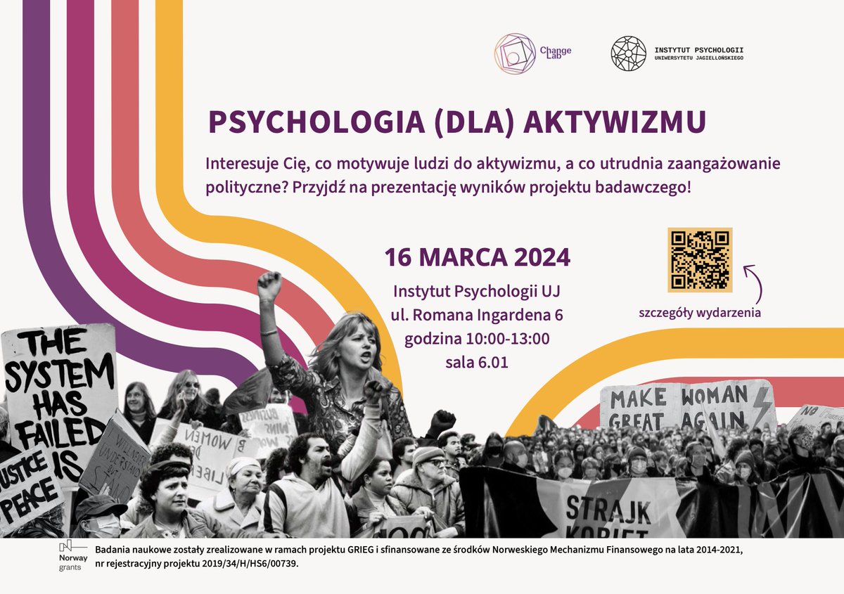 W najbliższą sobotę zapraszamy na spotkanie poświęcone przedstawieniu wyników badań prowadzonych w ramach projektu "Od apatii do przemocowego ekstremizmu: Motywacyjne podstawy zaangażowania politycznego"
➡️ szczegóły: fb.me/e/1J82Voys9