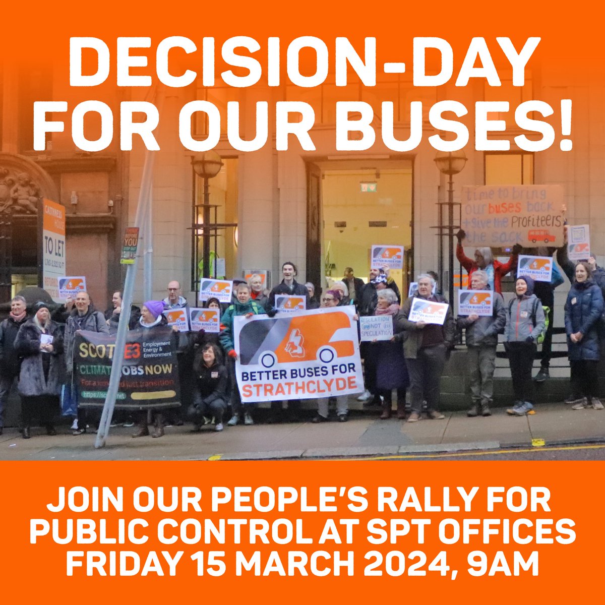 This Friday is Decision-Day for our buses!🚍 The @SPTcorporate Board is meeting to choose whether to use new powers to bring the bus network back into public control🤔 Join our People’s Rally for Public Control: 📅Friday 15 March, 9am 📍SPT Offices, 131 St Vincent St, Glasgow