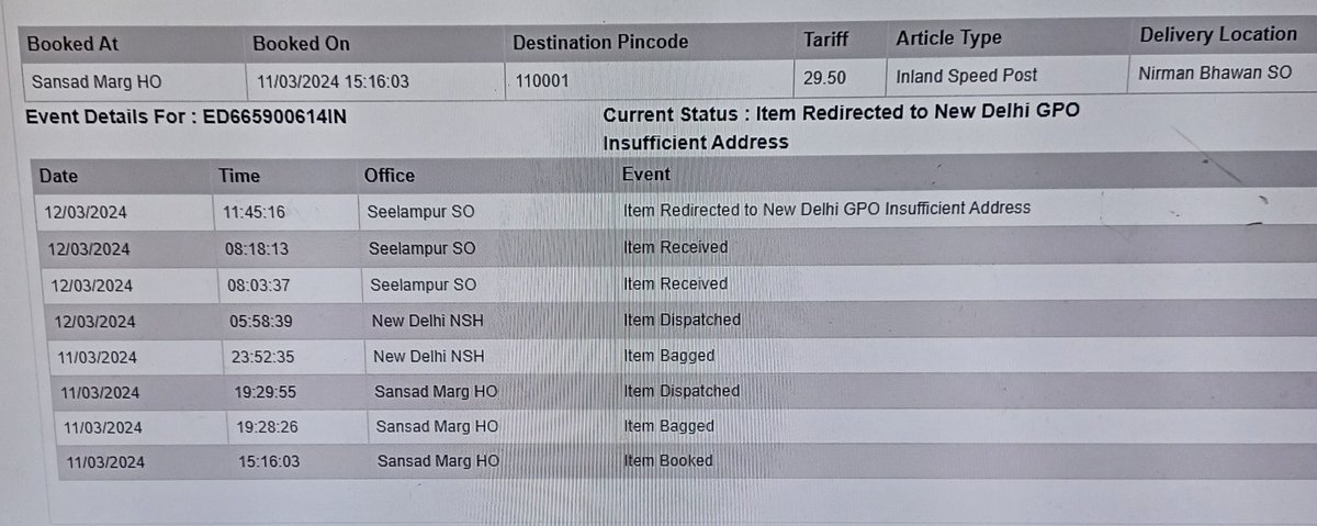 @IndiaPostOffice the consignment addressed to PMO, South Block, Delhi 110011 and booked at sansadmarg, was directed to SO Seelampur that further redirected it to GPO. Very strange. How negligent the @IndiaPostOffice is. let's see what happens to this letter. @AshwiniVaishnaw