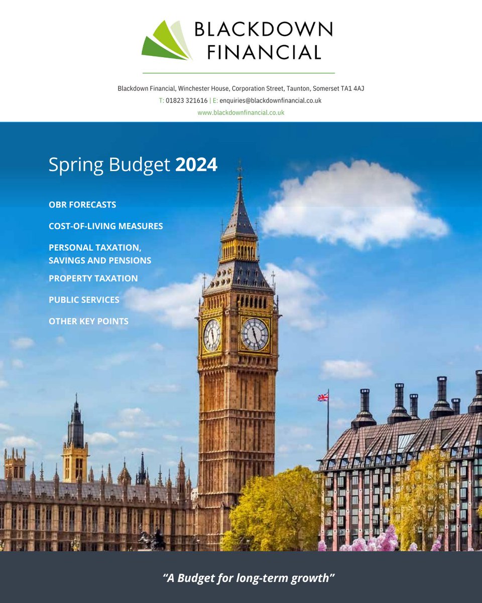 On 6 March, Chancellor of the Exchequer Jeremy Hunt delivered his Spring Budget to the House of Commons declaring it was “a Budget for long-term growth.” 

Please click here for a full Spring Budget summary: blackdownfinancial.co.uk/2024/03/07/spr… #SpringBudget