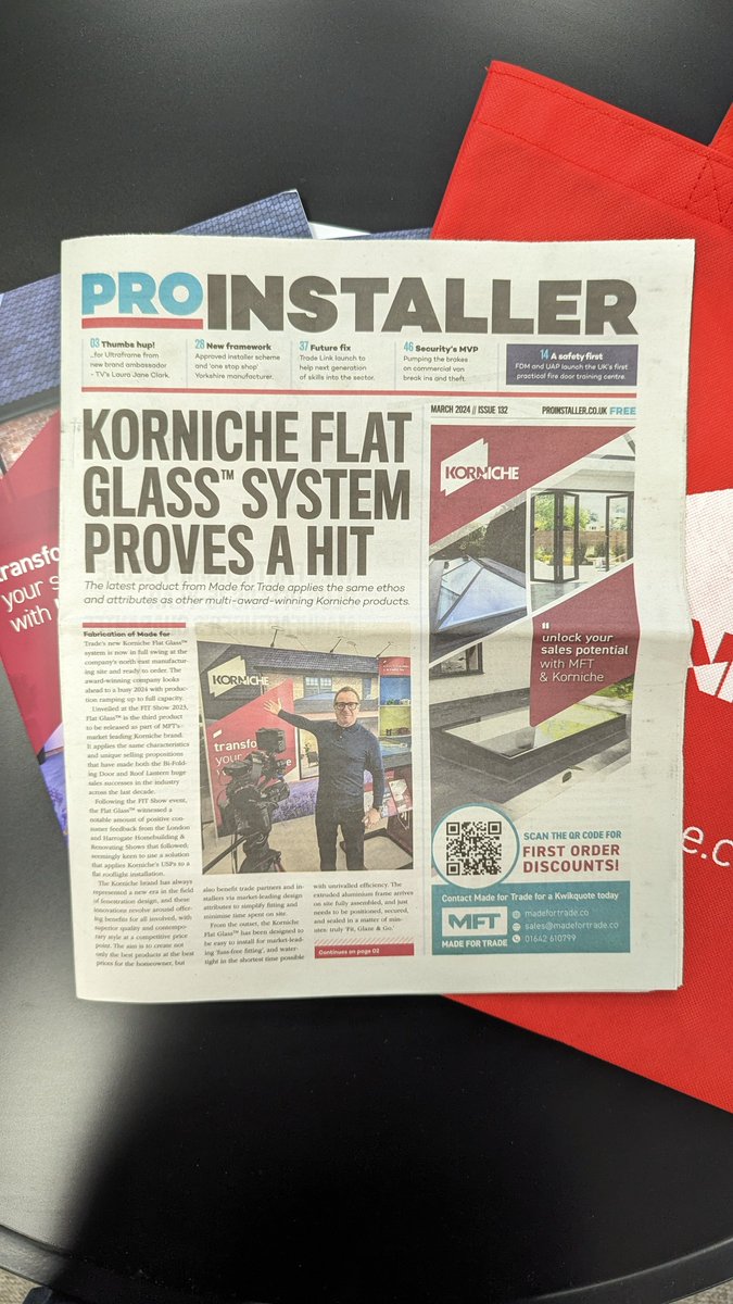 MadeForTrade1's tweet photo. We're On The Front Page!!
Our Korniche Flat Glass System takes the front page of @ProInstaller1 latest issue. Fabrication is underway & it's ready to order!
#ProInstaller #Korniche #Rooflight #MadeForTrade #Skylight #News #FrontPage https://t.co/0CXnuVTsri