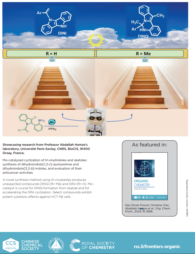 HamzeInsights's tweet photo. Excited to announce our cover feature in Org. Chem. Front.! Our N-vinylazoles synthesis method led to the discovery of unexpected compounds DINQ (R= Me) and DINI (R= H), with potent cytotoxic effects on HCT-116 cells. Big thanks to all contributors!

https://t.co/fl9z2Rqctq https://t.co/fpT9k3cNKC