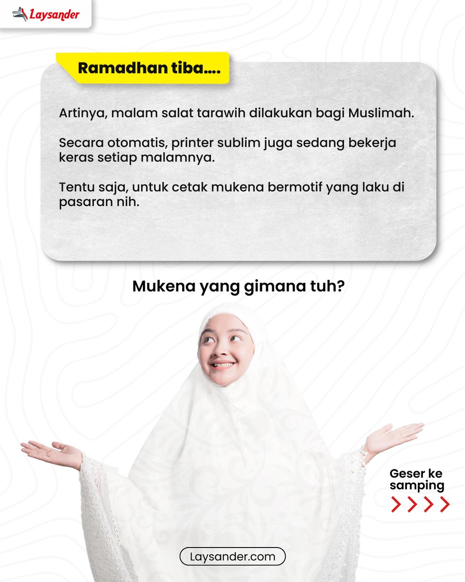 laysander's tweet image. Itulah kenapa printer sublim jadi mesin yang paling tepat untuk buat semua jenis mukena ini.

Ada yang tahu gak nih kenapa mukena dibuat dengan proses sublimasi? 😎

#LAYSANDER #Sublimasi #MukenaMotif #PrinterSublim #SublimationPrinting #TrenMukena