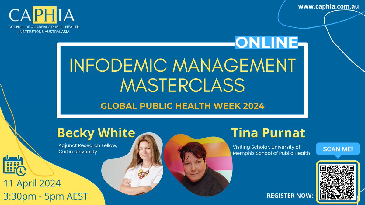CAPHIA (@caphia1) on Twitter photo Join us for a FREE online even diving into Infodemic Management by global experts Dr Becky White & Tina Purnat on April 11 3:30pm-5pm AEST.
This event is part of <a href="/WFPHA_FMASP/">World Federation of Public Health Associations</a> #GPHW2024
Find out more and register here: caphia.com.au/infodemic-mana… Join us for a FREE online even diving into Infodemic Management by global experts Dr Becky White & Tina Purnat on April 11 3:30pm-5pm AEST.
This event is part of <a href="/WFPHA_FMASP/">World Federation of Public Health Associations</a> #GPHW2024
Find out more and register here: caphia.com.au/infodemic-mana…