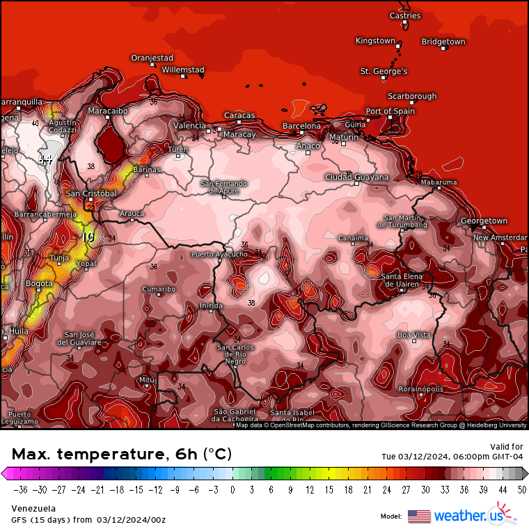 Meteovargas's tweet image. #12Mar Lo relevante para el día de hoy seguirán siendo las altas temperaturas. Se estiman en horas de la tarde valores máximos entre 38-40 °C (fig.1) en zonas de Bolívar, Monagas, Anzoátegui, los Llanos, sur de Aragua, Zulia, oeste de Lara y de Falcón. En el resto del país se…