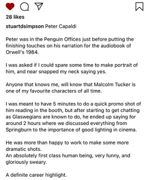 brinatello's tweet image. “An absolutely first class human being, very funny, and gloriously sweary.”

#ThrowbackTuesday (March 12, 2021): From #StuartSimpson’s IG, he did a photoshoot with #PeterCapaldi for the #audiobook 🎙️📖 of #GeorgeOrwell’s #NineteenEightyFour. Stunning! 😍❤️ instagram.com/p/CMUA9yvLjm7/