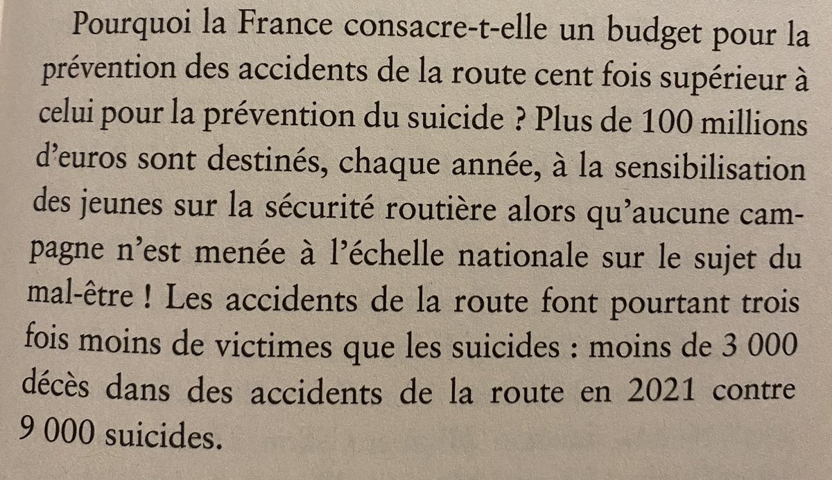 Les chiffres parlent d’eux mêmes (et ils ne sont pas très différents en Belgique). L’état met des moyens pour la prévention de la sécurité routière (et c’est très bien) mais peu pour la prévention du suicide qui est pourtant la 1ere cause de décès chez les 15-44 ans.#stopsuicide
