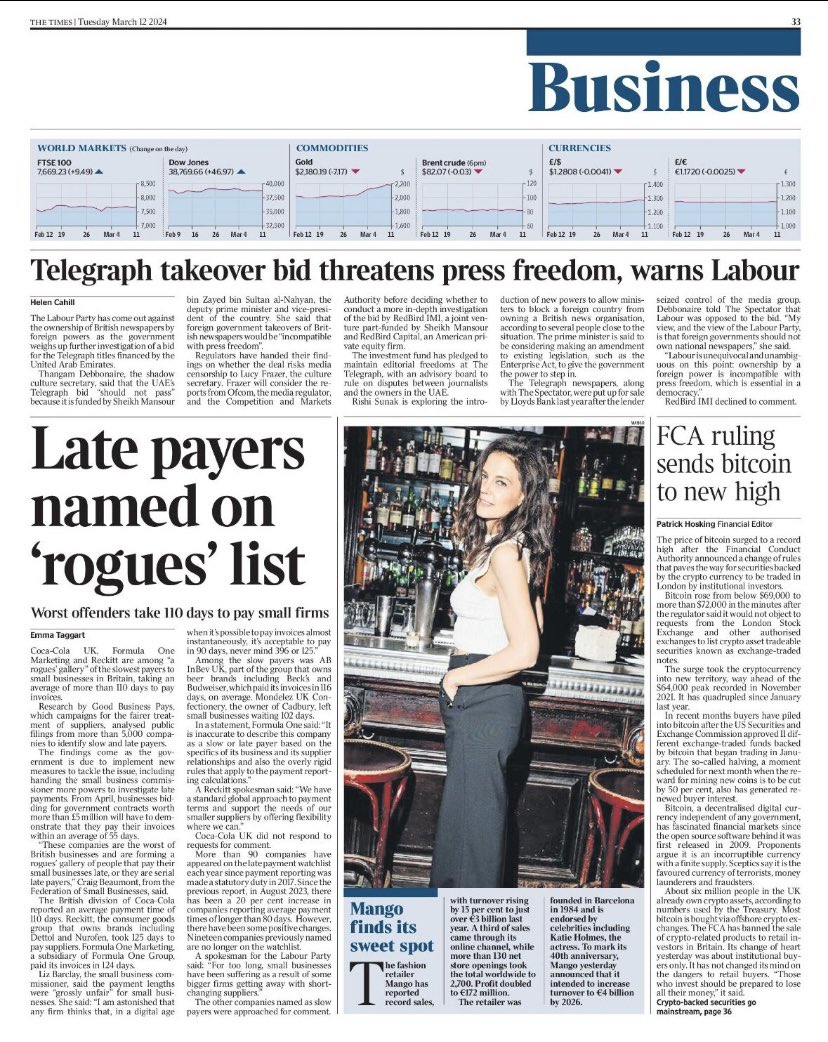 ⏰ These companies are the worst of British businesses and are forming a rogues’ gallery of people that pay their small businesses late, we told @emmaftaggart.   ➡️ We're on the front page of the @thetimes business section with @goodbizpays and @SB_Commissioner discussing the…