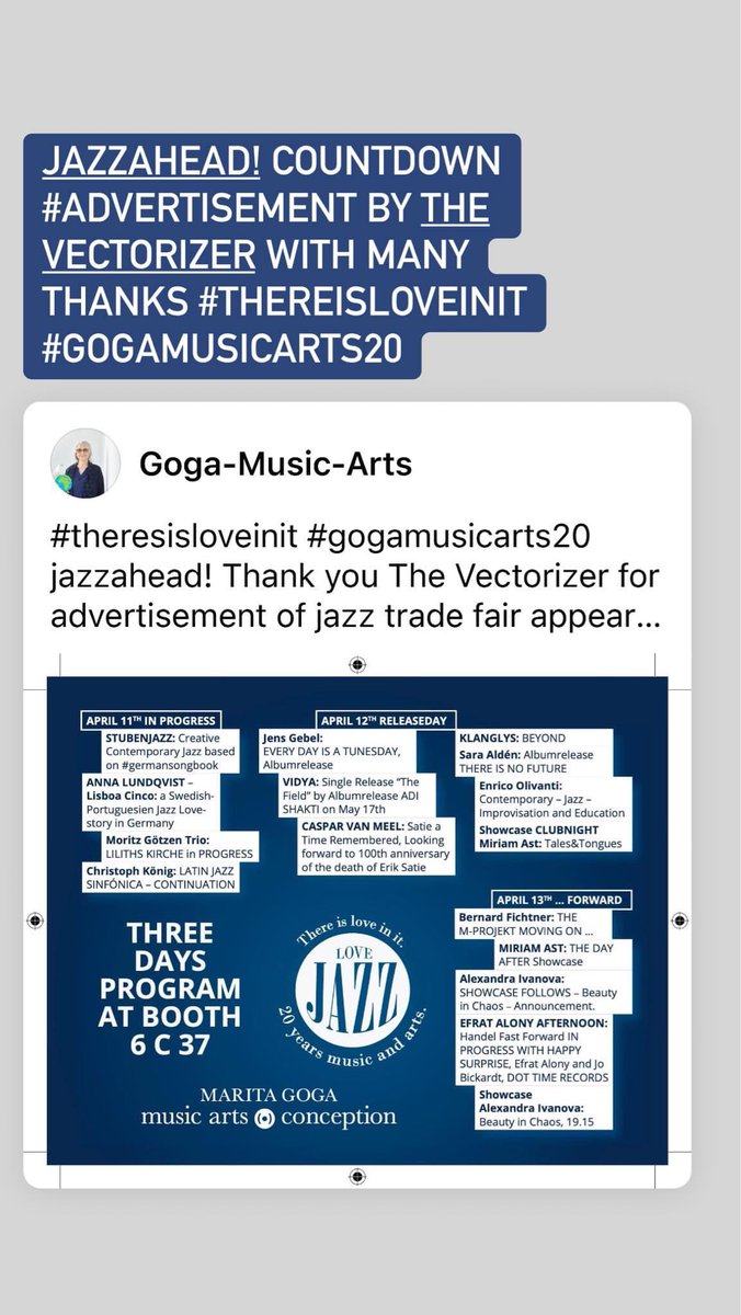 Looking forward to <a href="/jazzahead/">jazzahead!</a> meeting #collegues and #friends. Besides celebrating #thereisloveinit #gogamusicarts20 #anniversary with talks at boot 6C37 thanks <a href="/the_vectorizer/">The Vectorizer</a> for the advertisement @jacekbrun  <a href="/jazztimemusic/">Jazz Time Magazine</a> <a href="/Jazzineu/">Jazz In Europe</a> @europejazznet @europe_creative@DownBeatMag