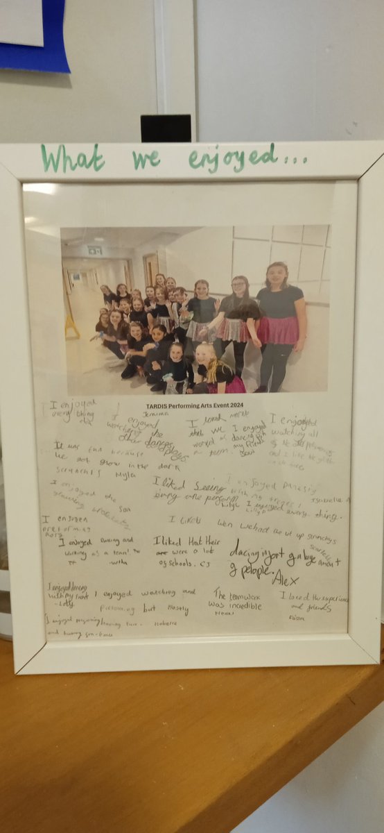 Our key stage 2 dancers performed  with other schools from our TARDIS cluster last week and their evaluation of the event is in our school entrance area.