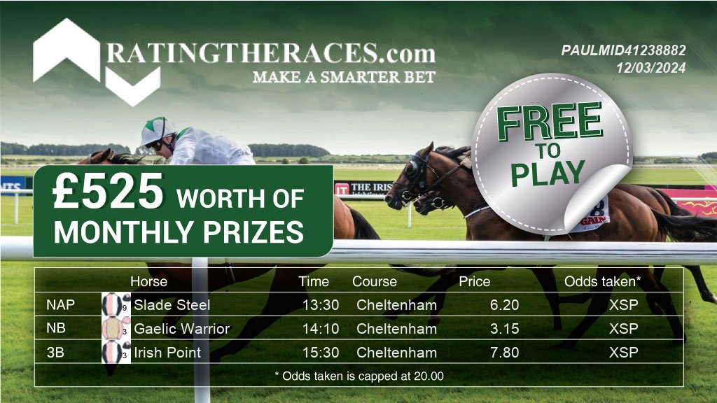 My #RTRNaps are: Slade Steel @ 13:30 Gaelic Warrior @ 14:10 Irish Point @ 15:30 Sponsored by @RatingTheRaces - Enter for FREE here: bit.ly/NapCompFreeEnt…