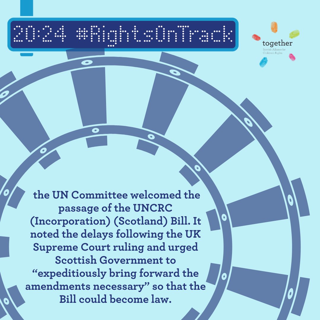 🇺🇳Exploring Scotland’s ‘to do list’ from the UN!

In Incorporation Week, our 1st post looks at calls to bring #ChildRights into law

The UNCRC Act will come into force on 16/07/24…& a new Human Rights Bill is on the horizon #AllOurRightsinLaw

Is 🏴󠁧󠁢󠁳󠁣󠁴󠁿 on track? #RightsOnTrack